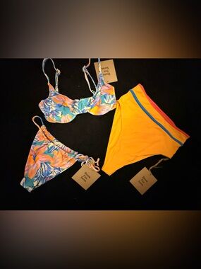 Stone Fox Swim Multicolor Floral Bikini Top with Yellow High-Waist Bottoms